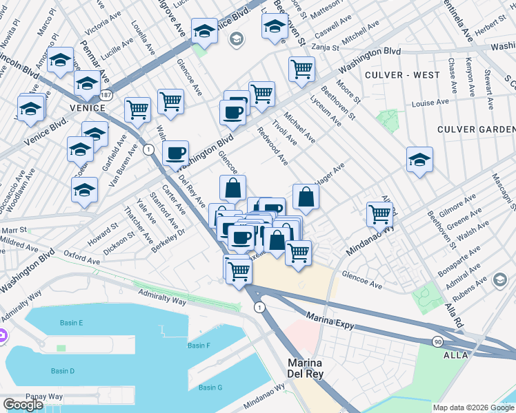 map of restaurants, bars, coffee shops, grocery stores, and more near 4212 1/2 Glencoe Avenue in Marina del Rey