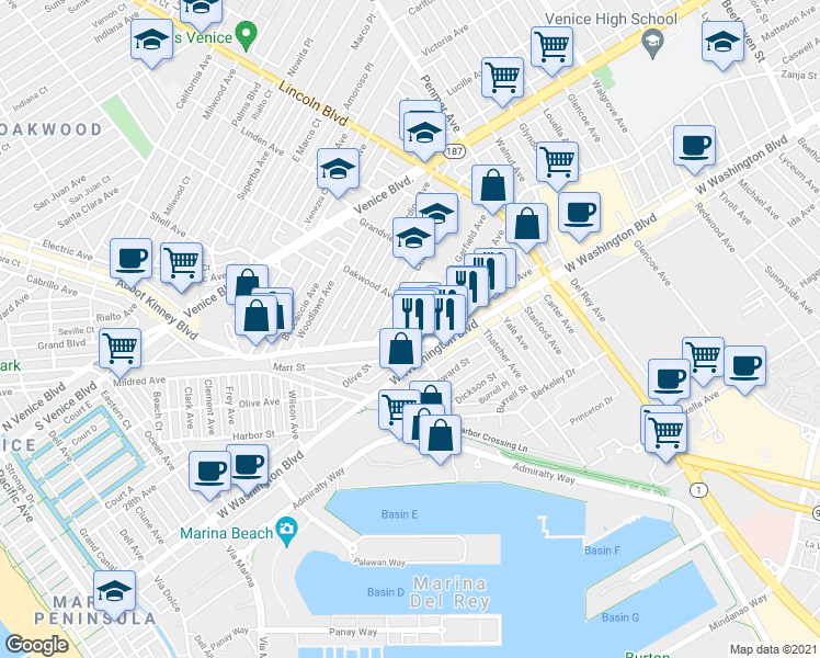 map of restaurants, bars, coffee shops, grocery stores, and more near 2724 Abbot Kinney Boulevard in Los Angeles