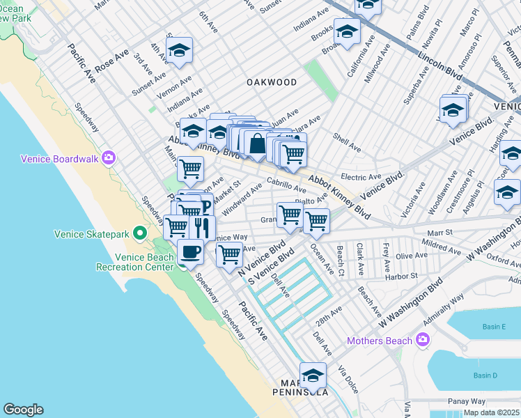 map of restaurants, bars, coffee shops, grocery stores, and more near 419 Grand Boulevard in Los Angeles