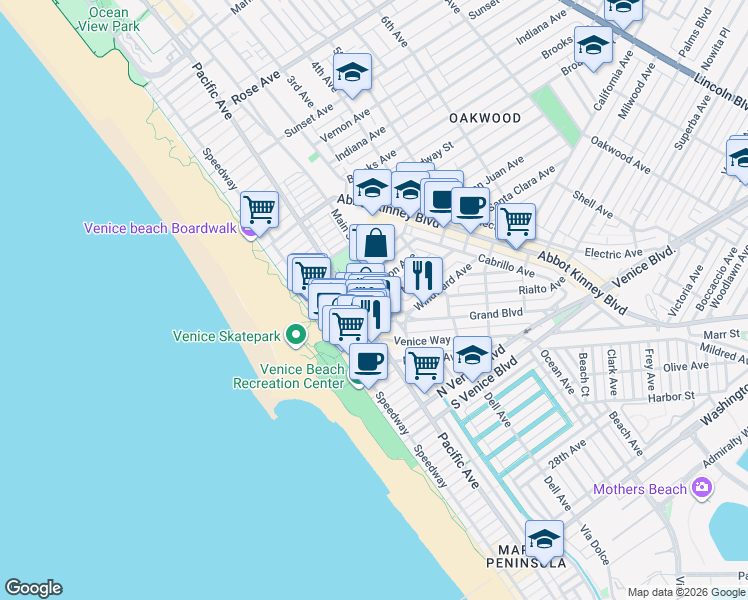 map of restaurants, bars, coffee shops, grocery stores, and more near 1501 Main Street in Los Angeles