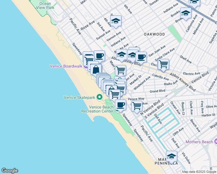 map of restaurants, bars, coffee shops, grocery stores, and more near 1305 Speedway in Los Angeles