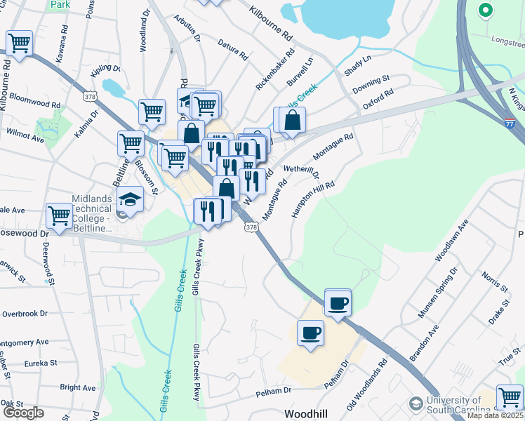 map of restaurants, bars, coffee shops, grocery stores, and more near 700 Montague Road in Columbia