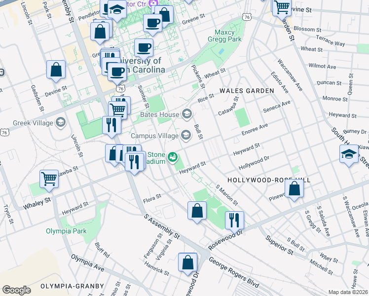 map of restaurants, bars, coffee shops, grocery stores, and more near 100-198 Marion St in Columbia