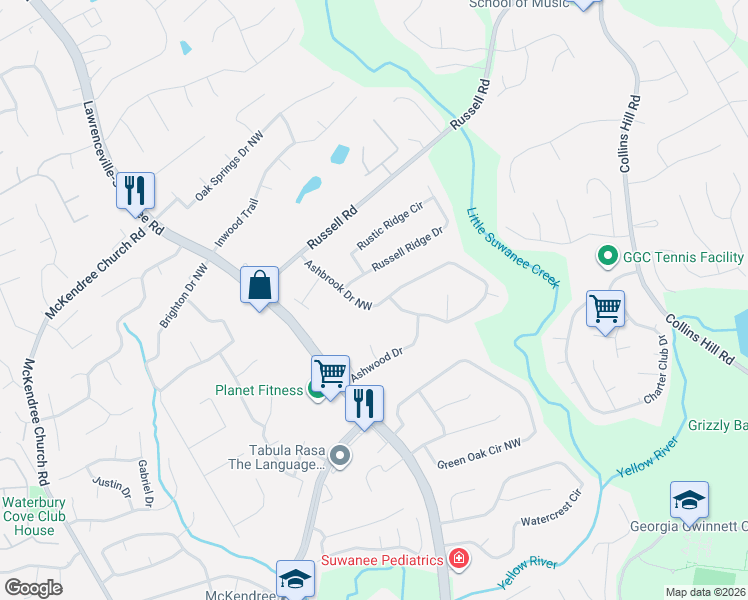 map of restaurants, bars, coffee shops, grocery stores, and more near 1129 Ashbrook Drive Northwest in Lawrenceville