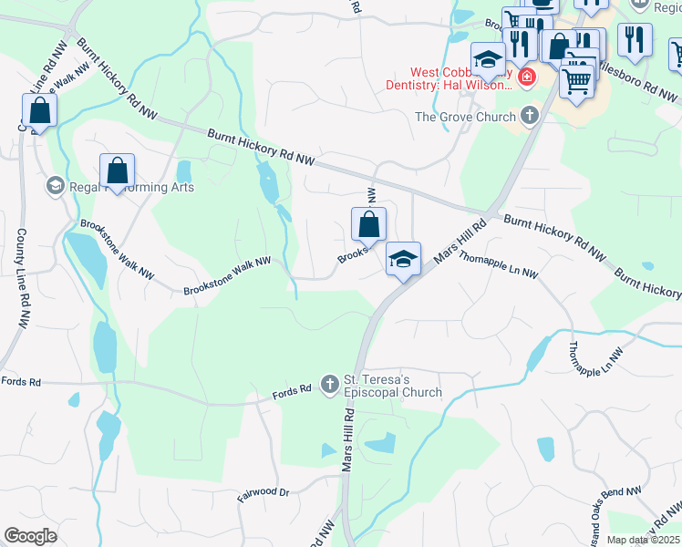 map of restaurants, bars, coffee shops, grocery stores, and more near 5729 Brookstone Walk Northwest in Acworth