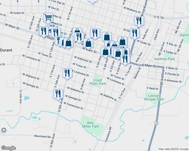 map of restaurants, bars, coffee shops, grocery stores, and more near 401 South 5th Avenue in Durant