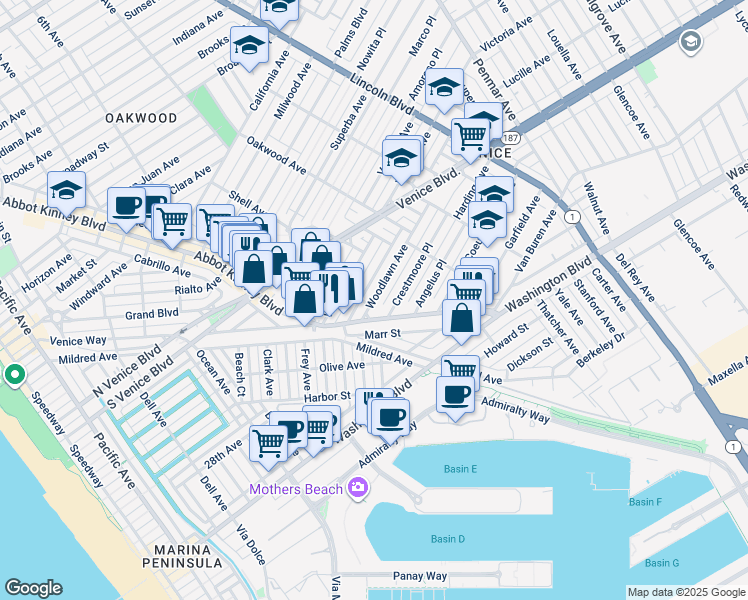 map of restaurants, bars, coffee shops, grocery stores, and more near 615 Woodlawn Avenue in Los Angeles
