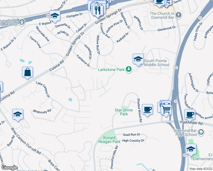 map of restaurants, bars, coffee shops, grocery stores, and more near 20619 Shepherd Hills Drive in Diamond Bar
