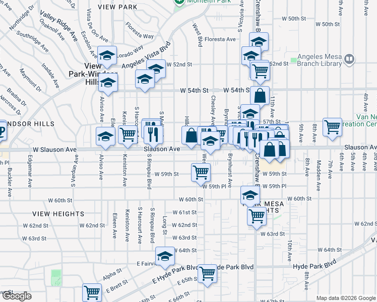 map of restaurants, bars, coffee shops, grocery stores, and more near 3638 West Slauson Avenue in Los Angeles