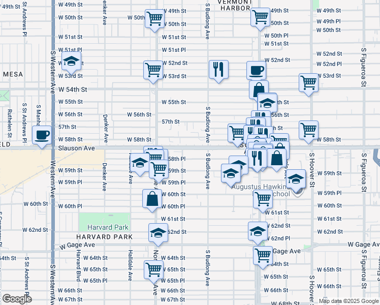 map of restaurants, bars, coffee shops, grocery stores, and more near 1247 West 58th Place in Los Angeles