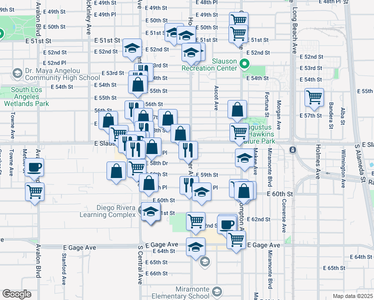 map of restaurants, bars, coffee shops, grocery stores, and more near 1242 East 58th Place in Los Angeles