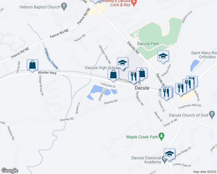 map of restaurants, bars, coffee shops, grocery stores, and more near 2362 Lakeside Drive in Dacula