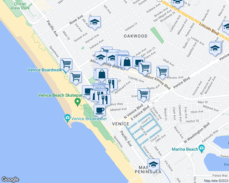 map of restaurants, bars, coffee shops, grocery stores, and more near 225 Windward Avenue in Los Angeles