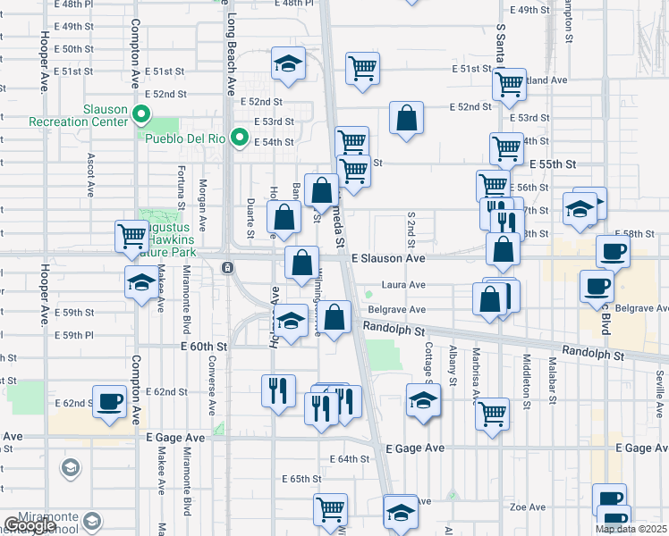 map of restaurants, bars, coffee shops, grocery stores, and more near 2340-4704 Alameda St in Huntington Park