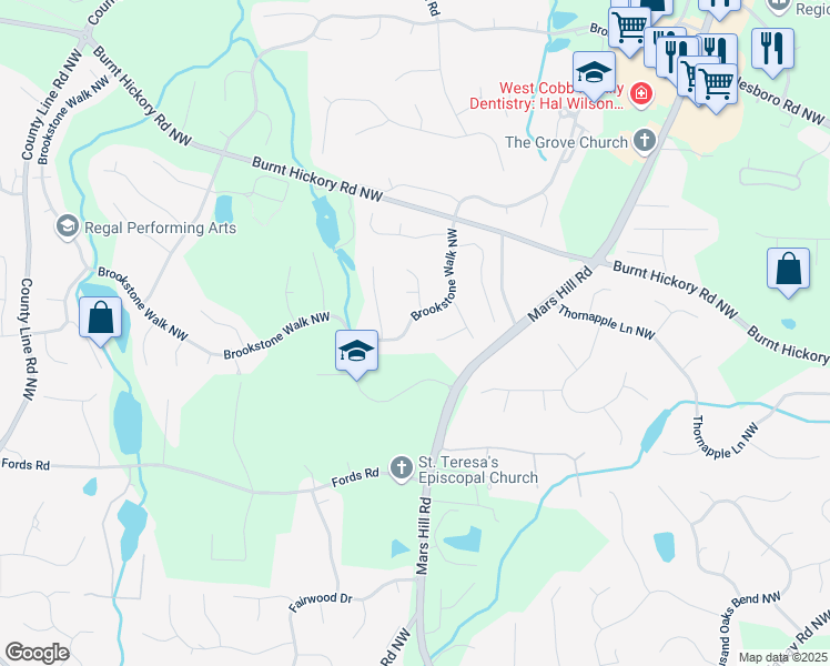 map of restaurants, bars, coffee shops, grocery stores, and more near 5729 Brookstone Walk Northwest in Acworth