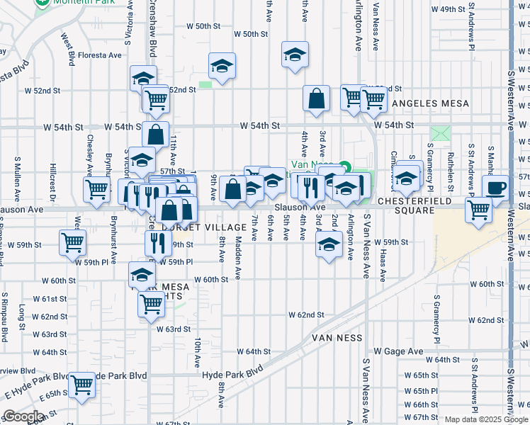 map of restaurants, bars, coffee shops, grocery stores, and more near 2810 West Slauson Avenue in Los Angeles
