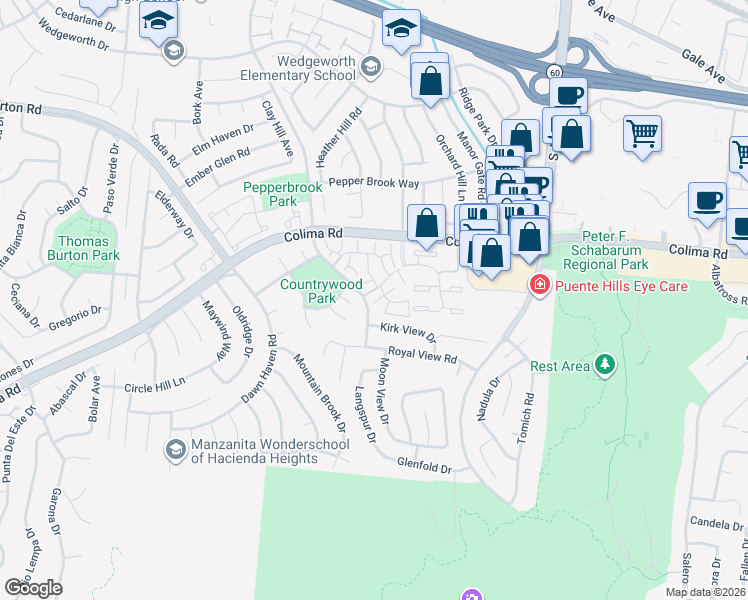 map of restaurants, bars, coffee shops, grocery stores, and more near 16925 Colchester Way in Hacienda Heights