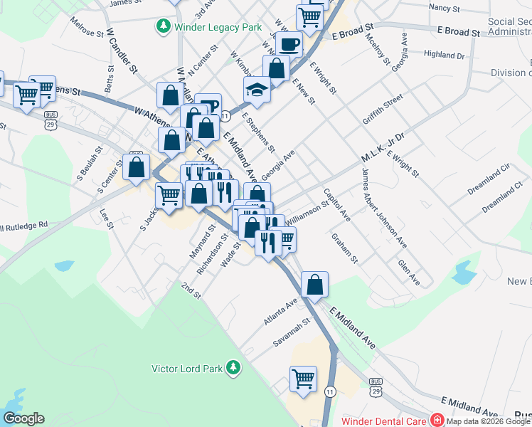 map of restaurants, bars, coffee shops, grocery stores, and more near 237 East Athens Street in Winder