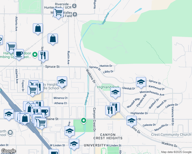 map of restaurants, bars, coffee shops, grocery stores, and more near 836 Kentwood Drive in Riverside