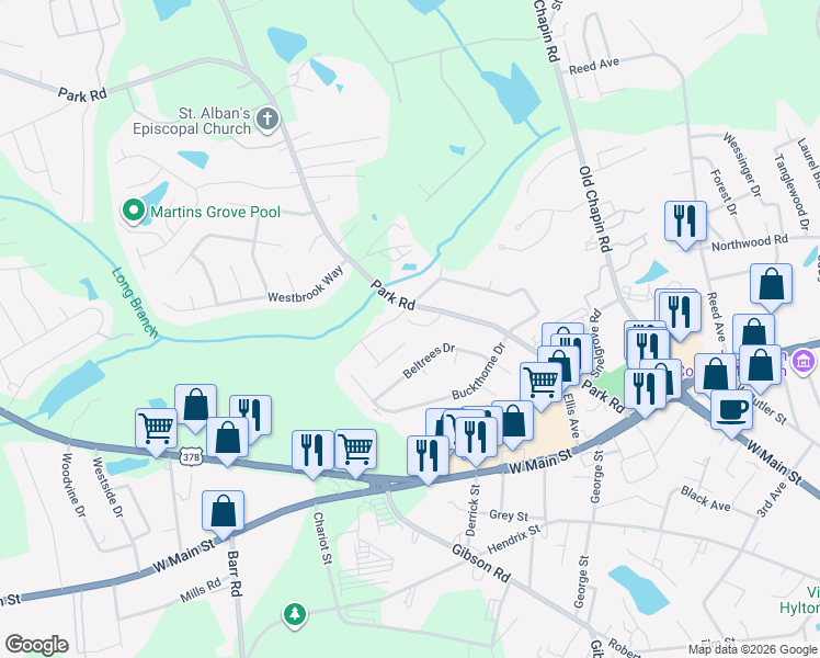 map of restaurants, bars, coffee shops, grocery stores, and more near 141 Park Ridge Way in Lexington