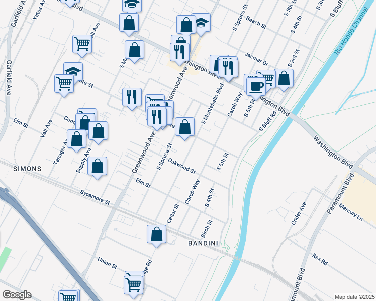 map of restaurants, bars, coffee shops, grocery stores, and more near 1232 South Montebello Boulevard in Montebello