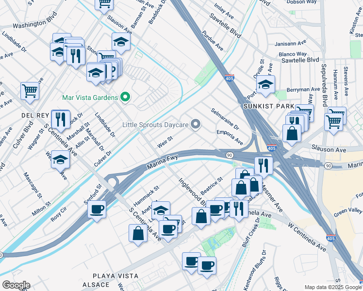 map of restaurants, bars, coffee shops, grocery stores, and more near 11916 Bray Street in Culver City