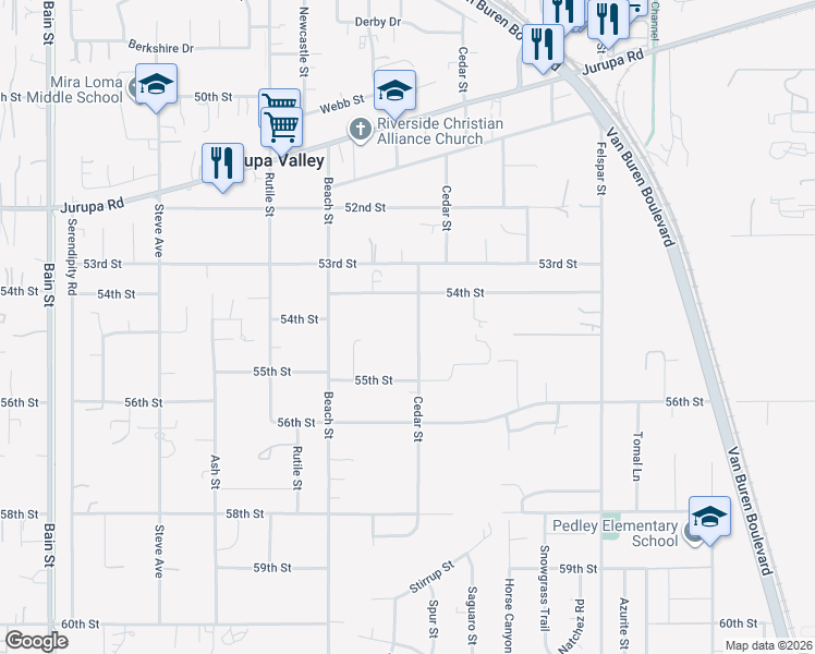 map of restaurants, bars, coffee shops, grocery stores, and more near 5459 Cedar Street in Riverside