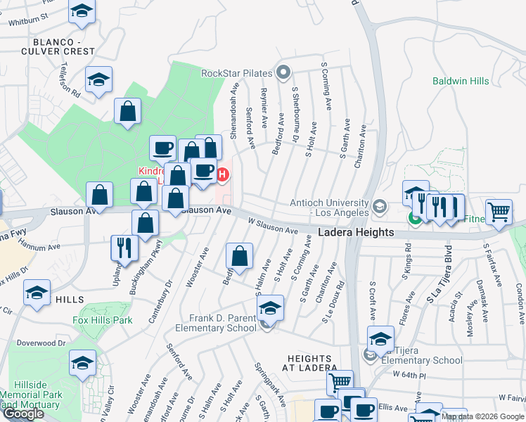 map of restaurants, bars, coffee shops, grocery stores, and more near 5417 West Slauson Avenue in Los Angeles
