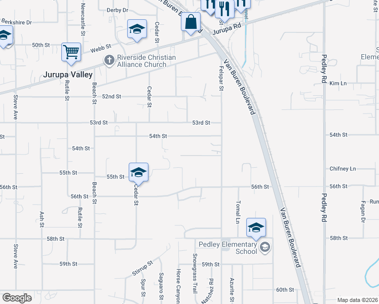 map of restaurants, bars, coffee shops, grocery stores, and more near Felspar Street in Jurupa Valley