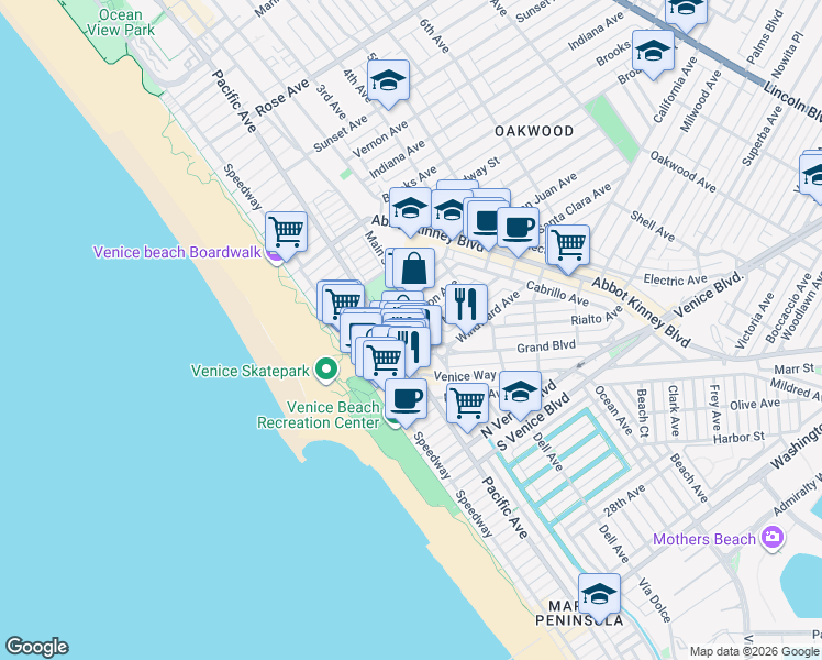 map of restaurants, bars, coffee shops, grocery stores, and more near 1501 Main Street in Los Angeles