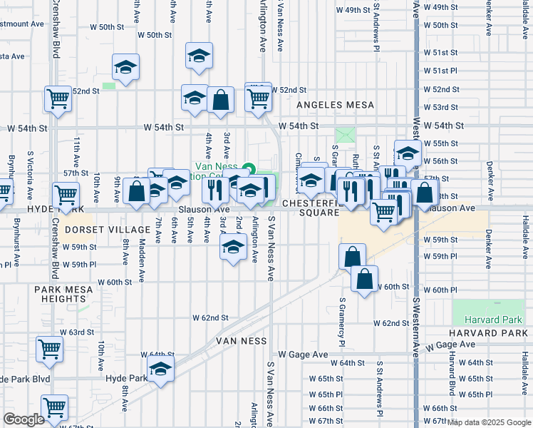 map of restaurants, bars, coffee shops, grocery stores, and more near 2204 West Slauson Avenue in Los Angeles