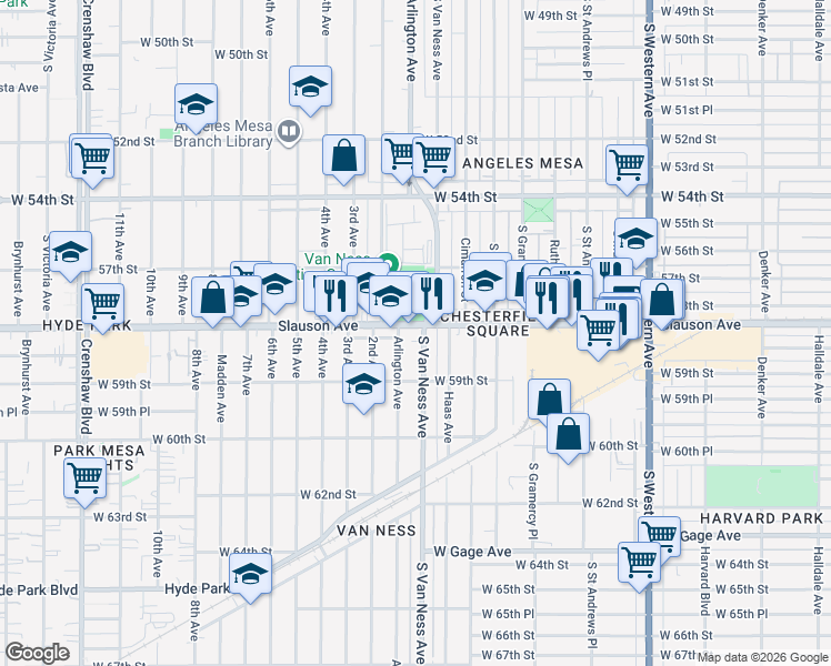 map of restaurants, bars, coffee shops, grocery stores, and more near 2204 West Slauson Avenue in Los Angeles