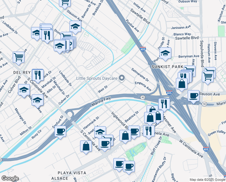 map of restaurants, bars, coffee shops, grocery stores, and more near 11916 Bray Street in Culver City