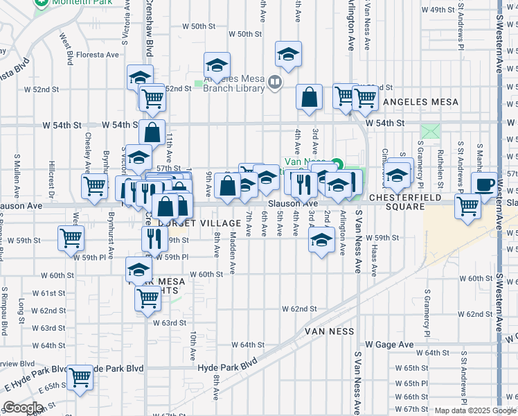 map of restaurants, bars, coffee shops, grocery stores, and more near 5818 7th Avenue in Los Angeles