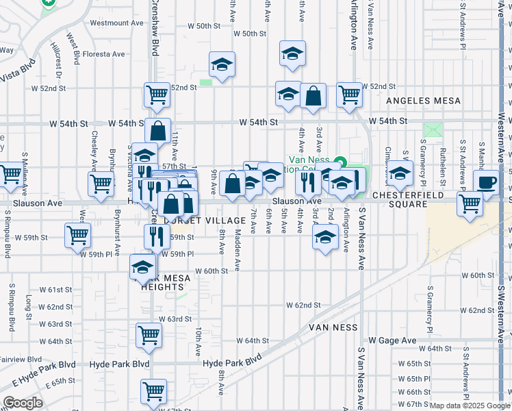 map of restaurants, bars, coffee shops, grocery stores, and more near 5804 7th Avenue in Los Angeles