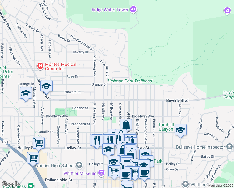 map of restaurants, bars, coffee shops, grocery stores, and more near 5837 Comstock Avenue in Whittier