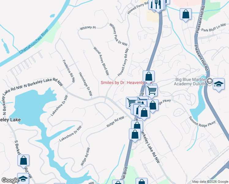 map of restaurants, bars, coffee shops, grocery stores, and more near 514 Berkeley Woods Drive in Duluth