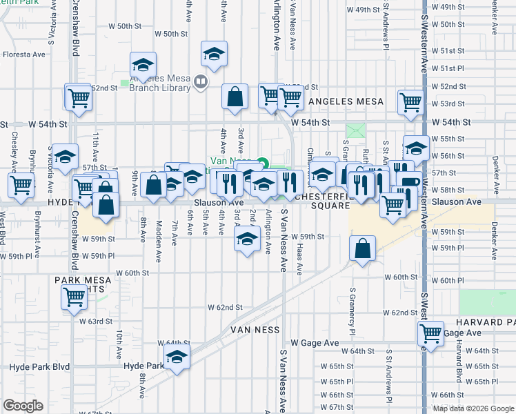 map of restaurants, bars, coffee shops, grocery stores, and more near 5821 2nd Avenue in Los Angeles