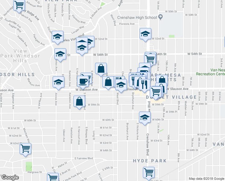 map of restaurants, bars, coffee shops, grocery stores, and more near 3620 West Slauson Avenue in Los Angeles