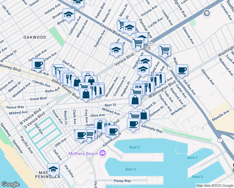 map of restaurants, bars, coffee shops, grocery stores, and more near 2500 Abbot Kinney Boulevard in Los Angeles