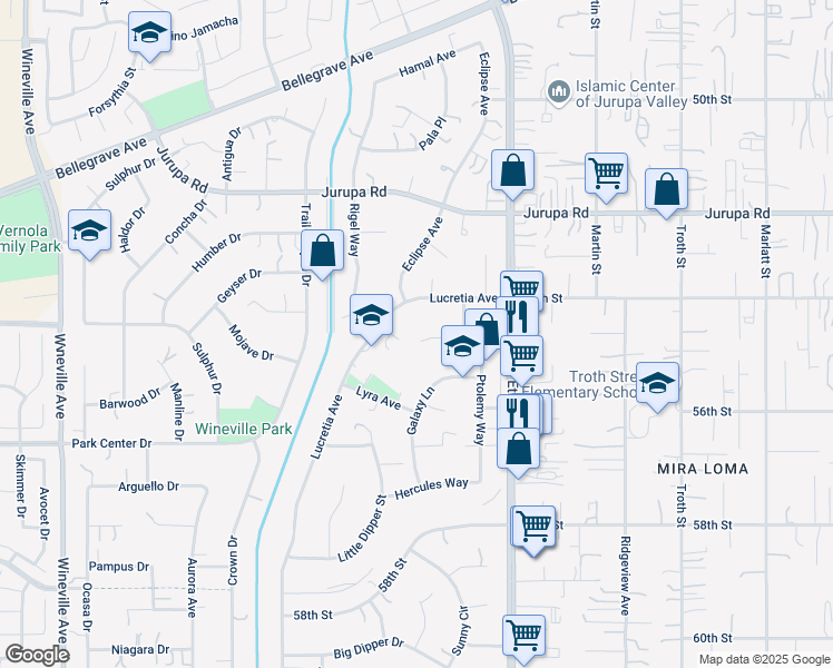 map of restaurants, bars, coffee shops, grocery stores, and more near 11160 North Star Avenue in Jurupa Valley