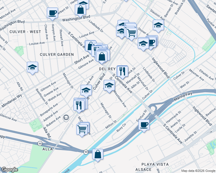 map of restaurants, bars, coffee shops, grocery stores, and more near 12459 Braddock Drive in Los Angeles