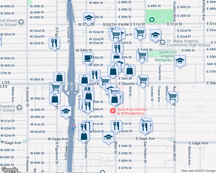 map of restaurants, bars, coffee shops, grocery stores, and more near 150 West Slauson Avenue in Los Angeles
