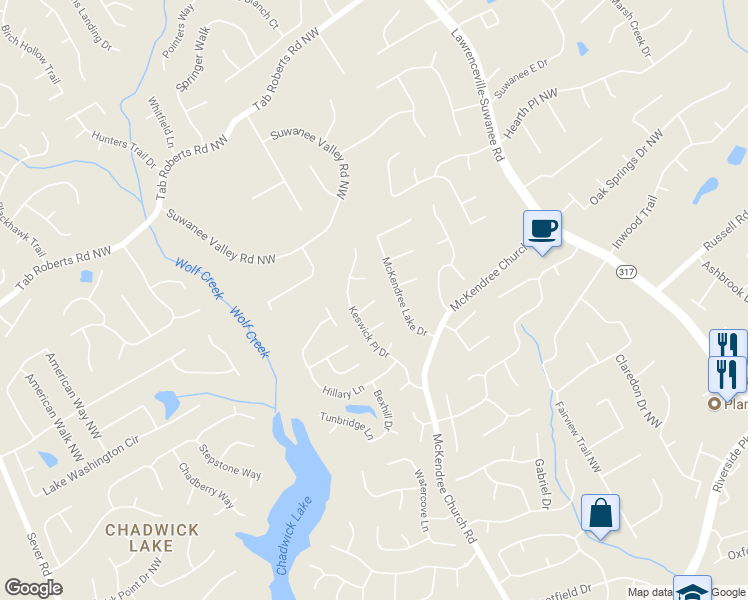 map of restaurants, bars, coffee shops, grocery stores, and more near 701 Gateshead Lane in Lawrenceville