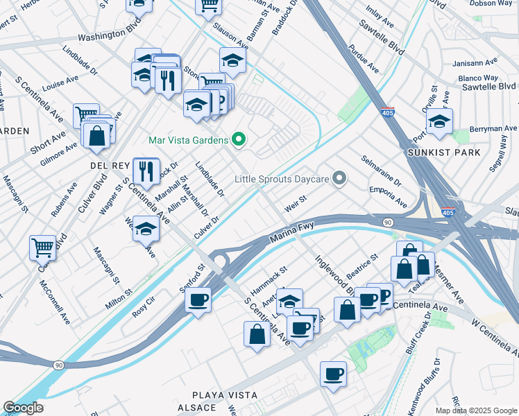 map of restaurants, bars, coffee shops, grocery stores, and more near 5120 Russo Street in Culver City
