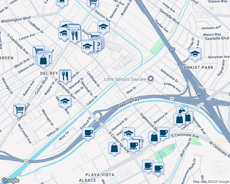 map of restaurants, bars, coffee shops, grocery stores, and more near 5108 Russo Street in Culver City