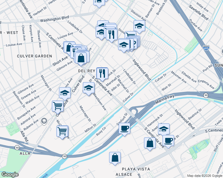 map of restaurants, bars, coffee shops, grocery stores, and more near 4904 South Centinela Avenue in Los Angeles