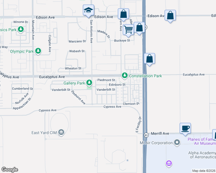 map of restaurants, bars, coffee shops, grocery stores, and more near 6860 Vanderbilt Street in Chino