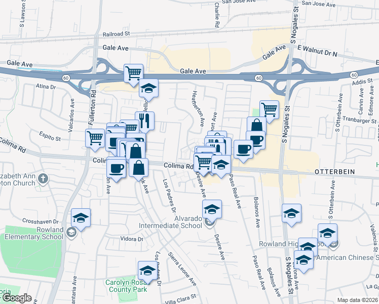 map of restaurants, bars, coffee shops, grocery stores, and more near 1665 Greencastle Avenue in Rowland Heights