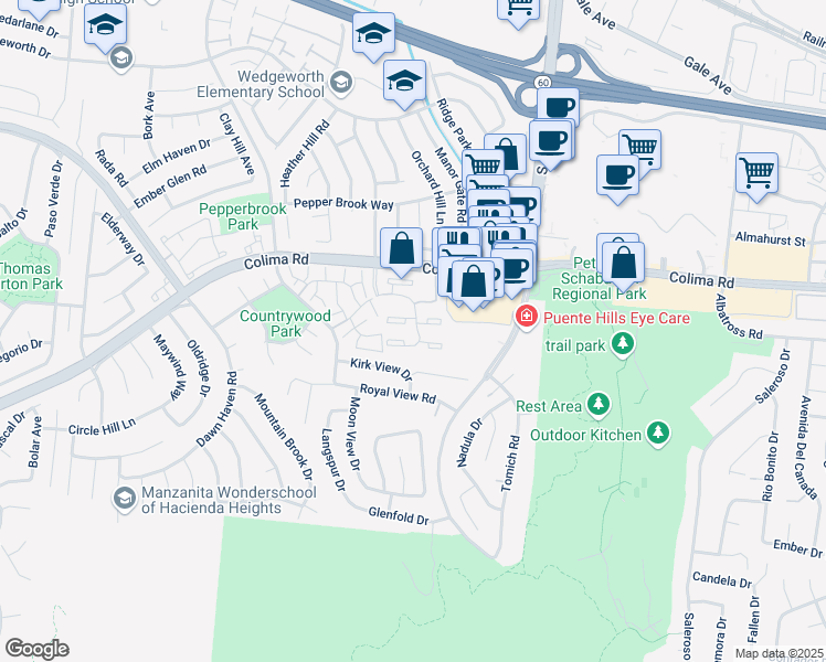 map of restaurants, bars, coffee shops, grocery stores, and more near 17056 Colima Road in Hacienda Heights
